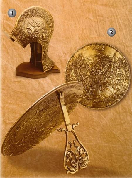 HELMET BRASS AND LARGE ROUND SHIELD