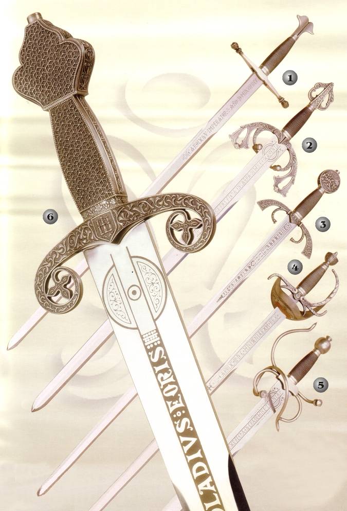 Sword of Carlos V, sword of Alfonso X, Colada Cid sword, Tizona Cid sword, Cazoleta sword and sword of Duque Alba, historic swords of Toledo.