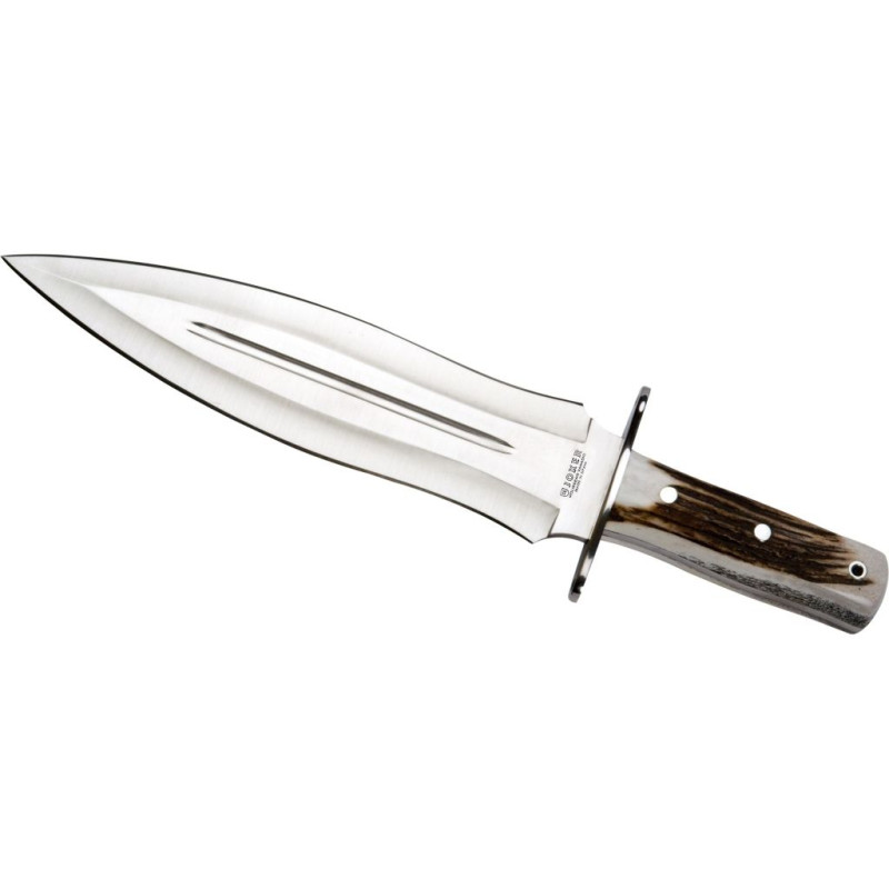 COLTELLO DI FINITURA CON MANICO IN CERVO E LAMA A DOPPIO TAGLIO DA 25,5 CM CON FODERO IN PELLE