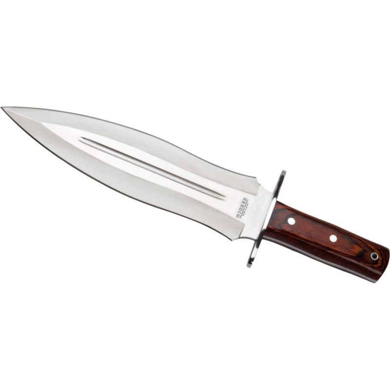 RED WOOD 25,5 CM FIXED BLADE DOUBLE EDGE FINISH OFF KNIFE WITH LEATHER SHEATH