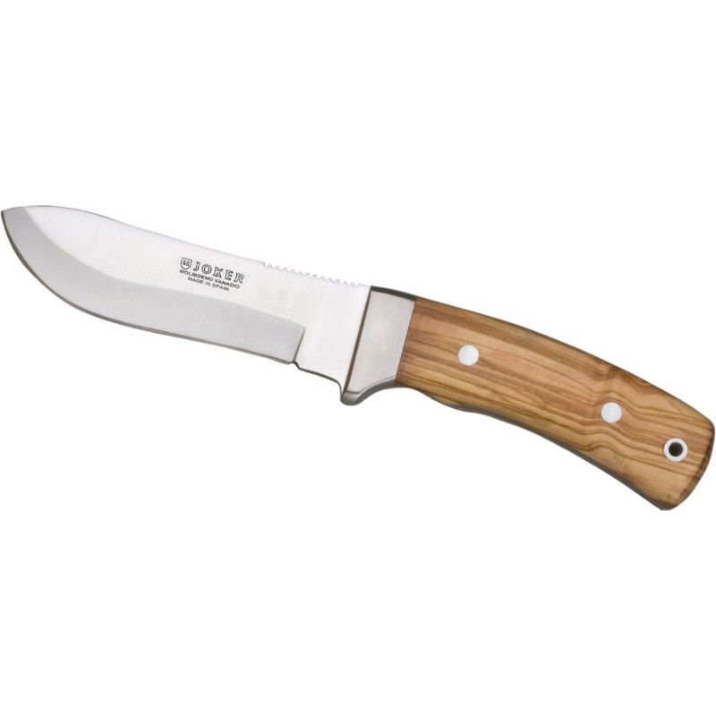 COUTEAU DE MONTAGNE D’UNE SEULE PIÈCE AVEC VIROLE EN BOIS D’OLIVIER ET LAME DE 12 CM.