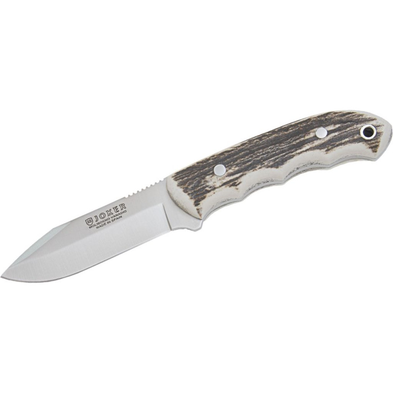 COLTELLO A BOCCOLA IN UN UNICO PEZZO CON SCAGLIE DI CORNO DI CERVO E LAMA DA 9,5 CM