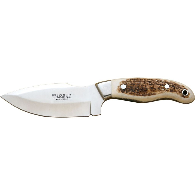 COUTEAU À DÉPECER AVEC ÉCAILLES EN BOIS DE CERF ET LAME EN ACIER INOXYDABLE DE 11 CM.