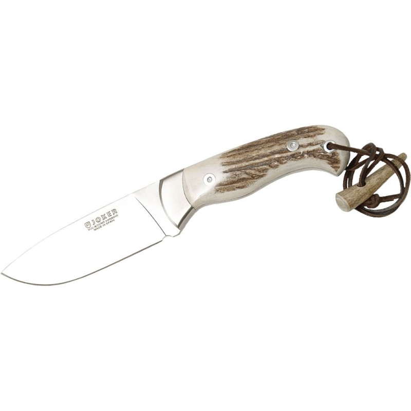 COLTELLO A CESPUGLIO IN UN UNICO PEZZO CON SCAGLIE DI CORNO DI CERVO E LAMA DA 10,5 CM.