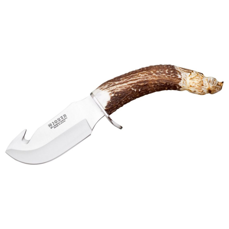 HAND CARVED STAG HORN 11 CM SKINNING FIXED BLADE KNIFE LEATHER SHEATH