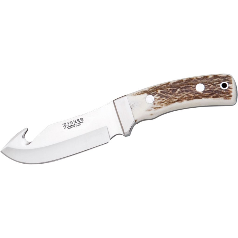 COUTEAU À DÉPECER AVEC ÉCAILLES EN BOIS DE CERF ET LAME EN ACIER INOXYDABLE DE 12 CM.