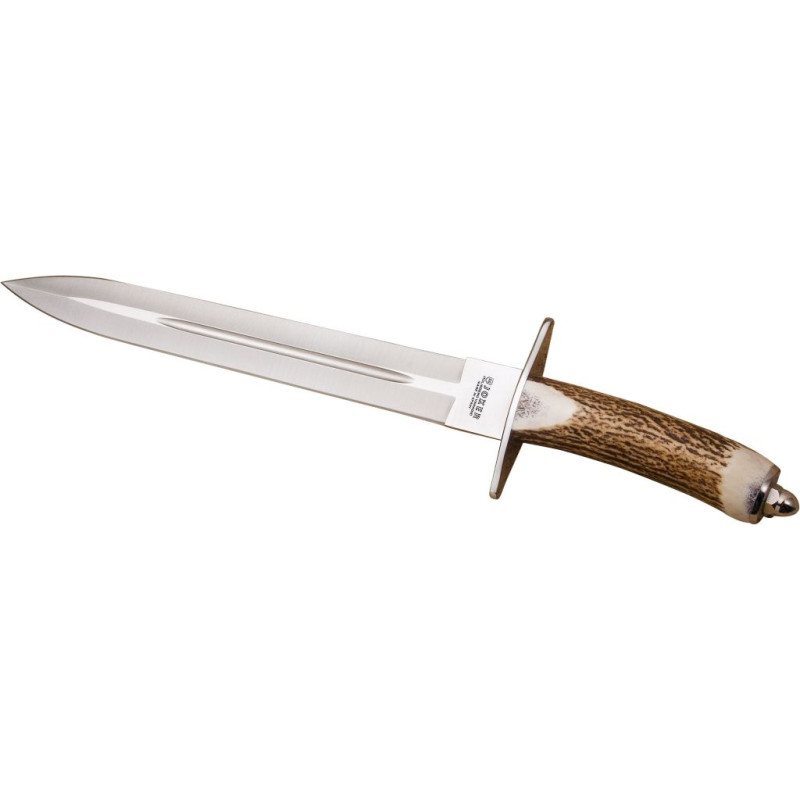 STAG HORN 29 CM FIXED BLADE DOUBLE EDGE FINISH OFF KNIFE WITH LEATHER SHEATH