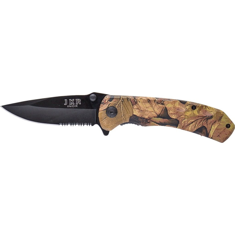 TASCHENMESSER MIT CAMOUFLAGE-GRIFF UND GEBLÄUTER KLINGE MIT 8,5 CM SÄGE