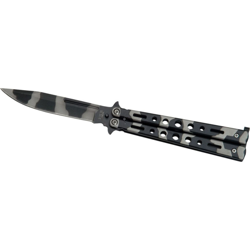 STAINLESS STEEL CAMO COATED HANDLE 10 CM BLADE BUTTERFLY KNIFE