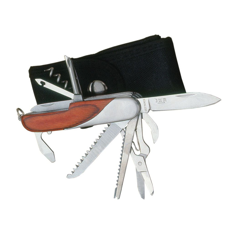 COLTELLO MULTIUSO A 14 USI CON GUANCETTE IN LEGNO ROSSE E FODERO IN NYLON