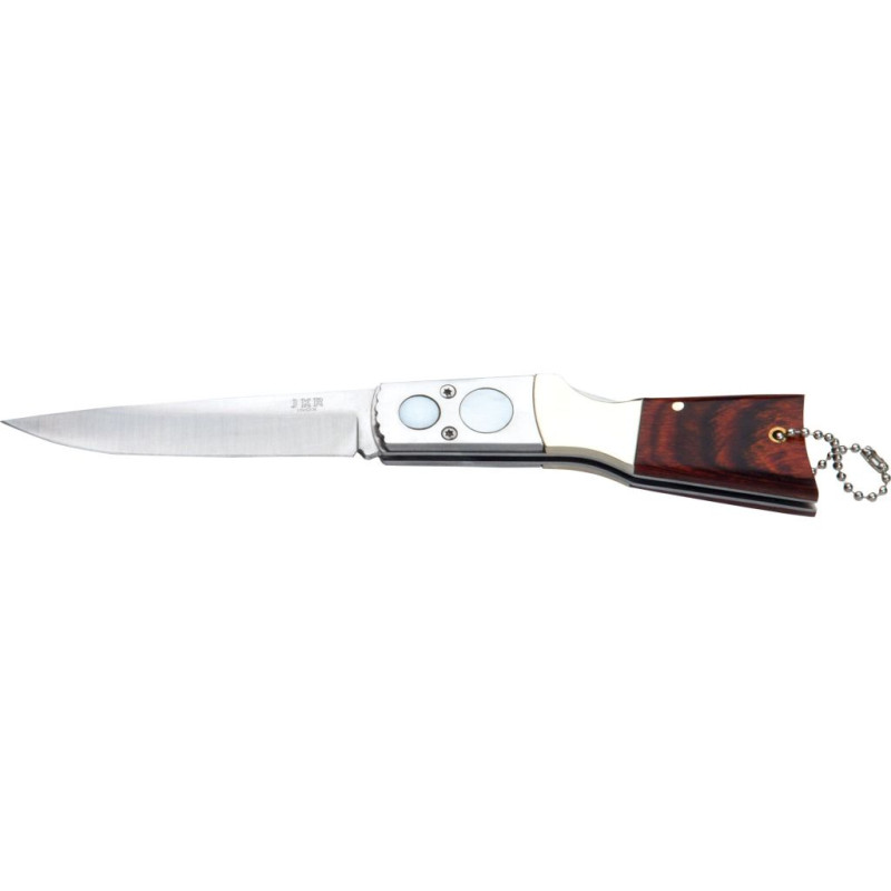 COLTELLO A GHIERA IN ACCIAIO INOX-OTTONE, IMPUGNATURA IN LEGNO ROSSO E LAMA DA 9 CM.