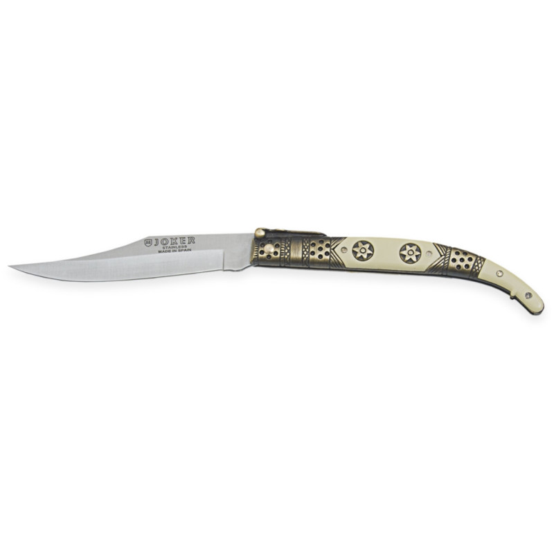 CLASSICAL SPANISH POCKET KNIFE ZAMAK HANDLE DECORATED BLADE LENGTH 10 CM