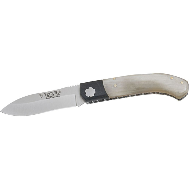 NAVAJA ARTESANAL CON VIROLA EN MADERA DE EBANO CACHAS EN ASTA DE TORO Y HOJA 8 CM