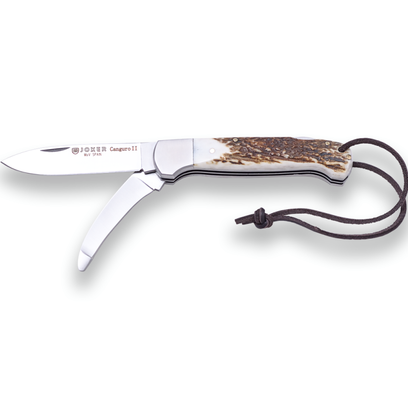 COLTELLO MULTIUSO KANGAROO II, LAMA E SCUOIATORE IN ACCIAIO MOVA, SCAGLIE IN CORNO DI CERVO, GHIERA IN ACCIAIO INOX