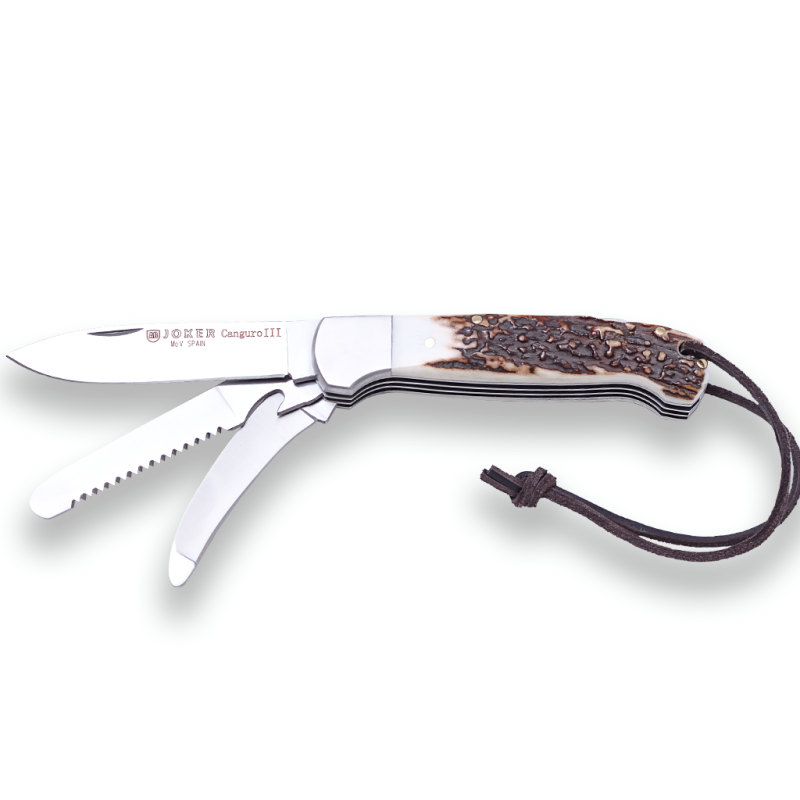 COLTELLO MULTIUSO KANGAROO III, LAMA IN ACCIAIO MOVA, SEGA E SCUOIATORE, SCAGLIE IN CORNO DI CERVO, GHIERA IN ACCIAIO INOSSIDABI