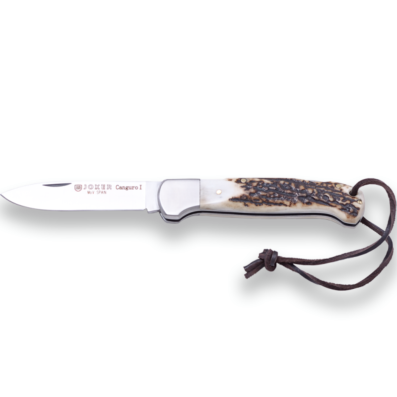 COUTEAU DE CHASSE KANGOUROU I LAME 8,5 CM ACIER MoVA AVEC ÉCAILLES EN BOIS DE CERF VIROLE EN ACIER INOXYDABLE