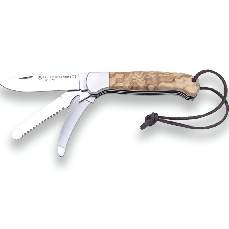 COUTEAU POLYVALENT KANGAROO III, LAME EN ACIER INOXYDABLE MOVA, SCIE ET ÉCORCHEUSE, ÉCAILLES D’OLIVE, VIROLE EN ACIER INOXYDABLE