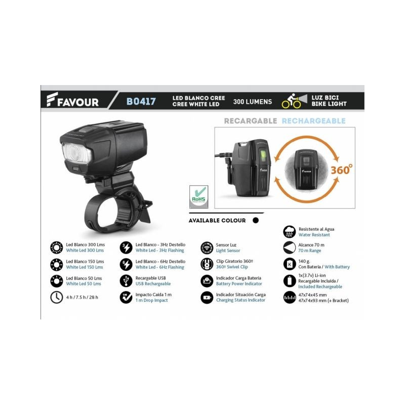 Recarregar lanterna. BICICLETA - 300lm. Preto