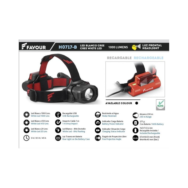 Headlight FAVOUR rechargeable 1000 LM Black