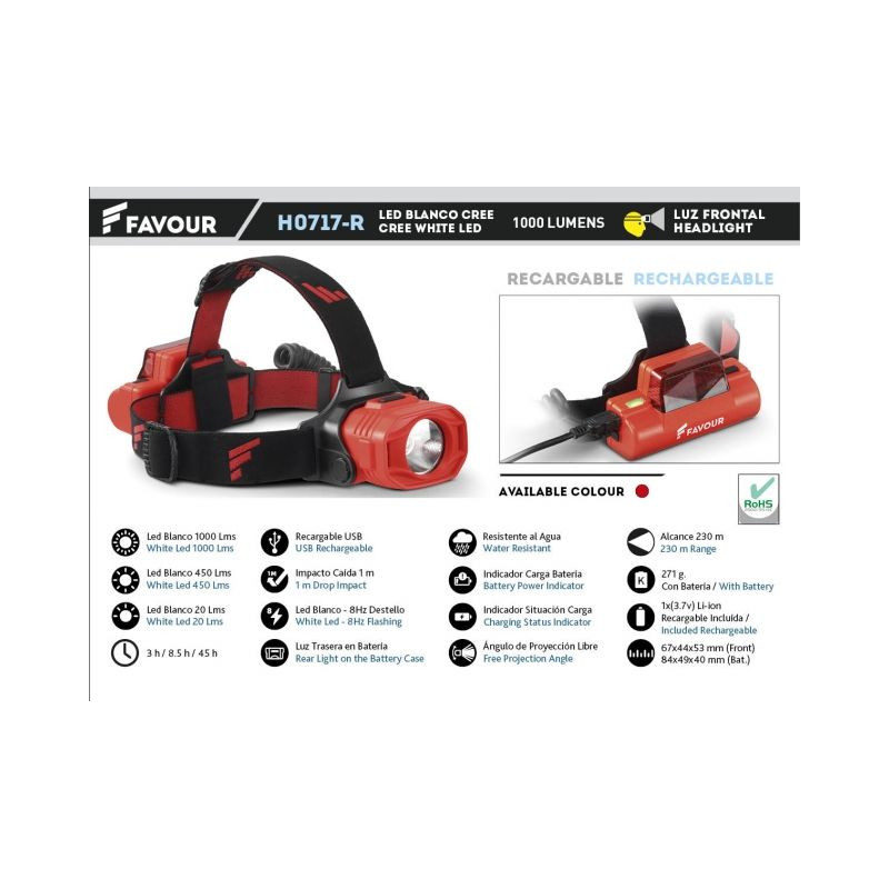 ANTERIORE RICARICABILE 1000LM. Rosso.