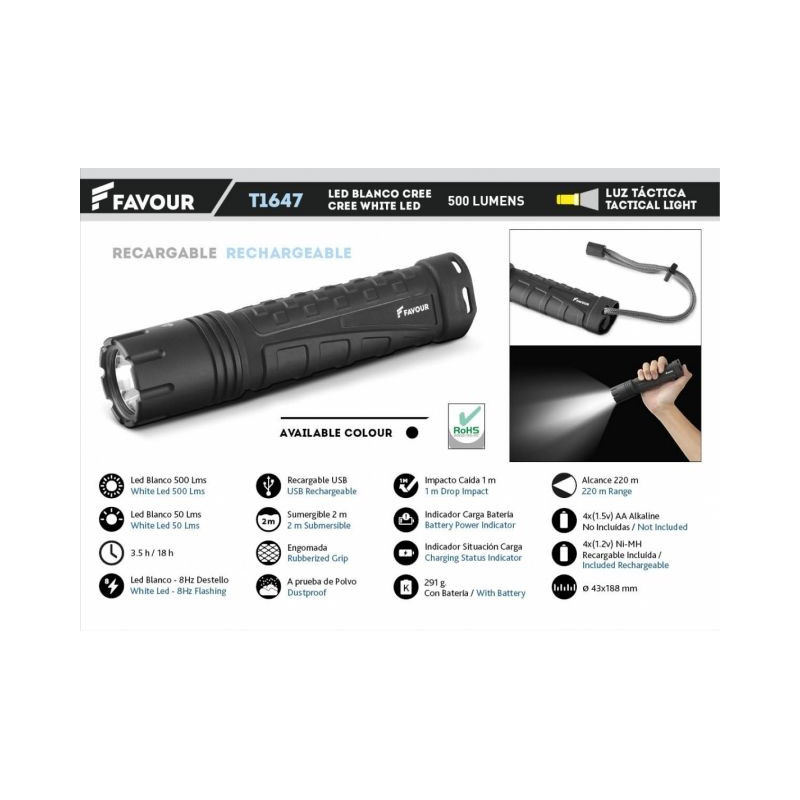 Taschenlampe AUFLADEN. WASSER 500LM.