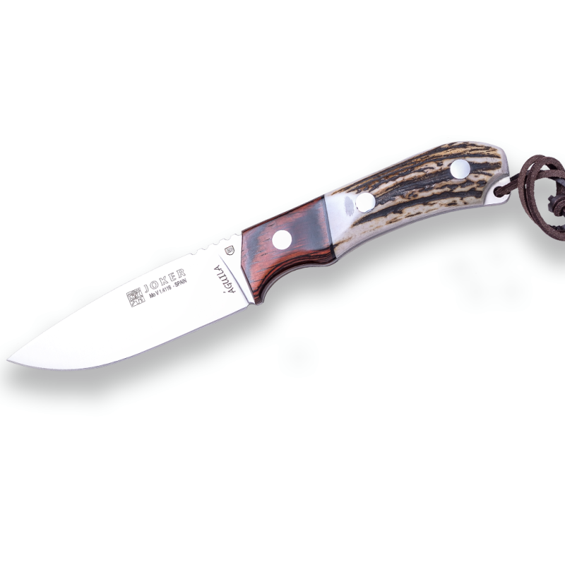 COLTELLO DA CACCIA EAGLE JOKER , CON MANICO IN CORNO DI CERVO, GHIERA STAMINA E LAMA DA 10,5 CM. INCLUDE FODERO IN PELLE