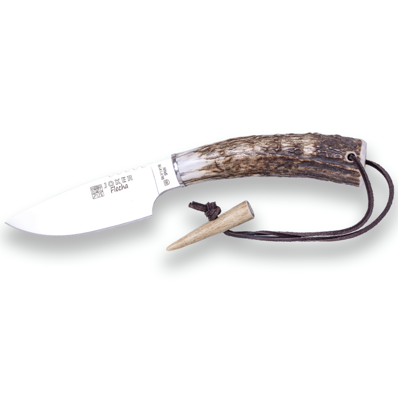 CUCHILLO DE CAZA JOKER FLECHA, CON PUÑO EN ASTA DE CIERVO Y HOJA DE 10,5 CM. INCLUYE FUNDA DE CUERO
