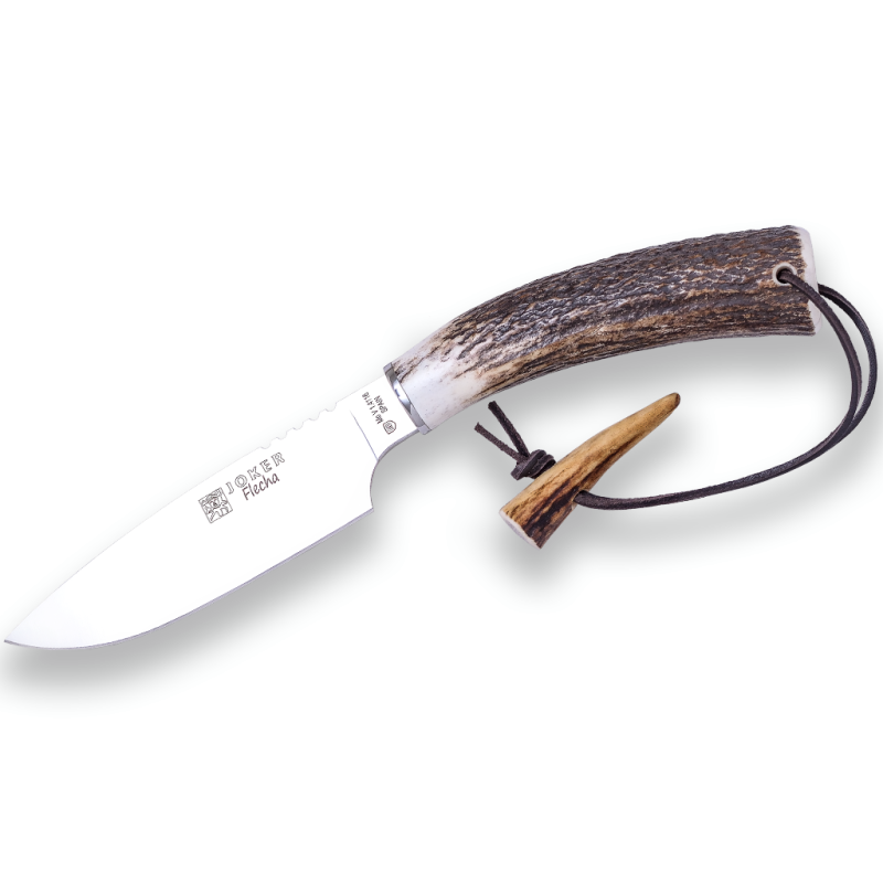 COUTEAU DE CHASSE JOKER FLÈCHE AVEC MANCHE EN BOIS DE CERF ET LAME DE 12,5 CM. COMPREND UN ÉTUI EN CUIR
