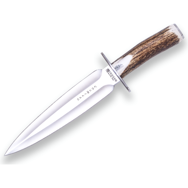 COLTELLO DA FINITURA FANG JOKER CON MANICO IN CERVO E LAMA A DOPPIO TAGLIO DA 21,5 CM CON FODERO IN PELLE