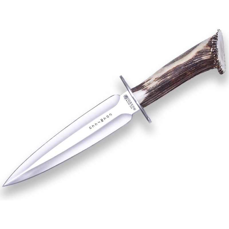 FINISHING-MESSER MIT REISSZAHN JOKER , MIT HIRSCHGRIFF UND 21,5 CM ZWEISCHNEIDIGER KLINGE MIT LEDERSCHEIDE