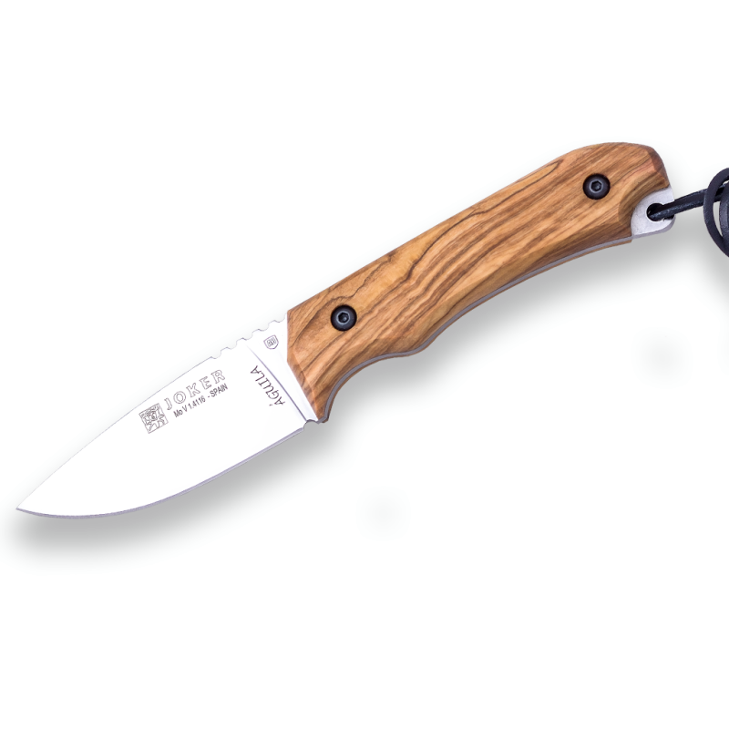 CUCHILLO DE MONTE JOKER AGUILA, CON PUÑO EN MADERA DE OLIVO Y HOJA DE 8,5 CM. INCLUYE FUNDA DE CUERO.
