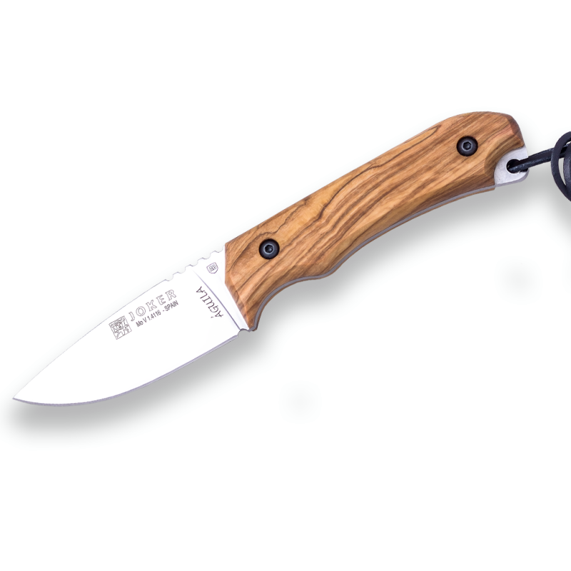 OLIVE WOOD HANDLE, 8,5 CM STAINLESS STEEL BLADE JOKER AGUILA OUTDOOR KNIFE LEATHER SHEATH INCLUDED