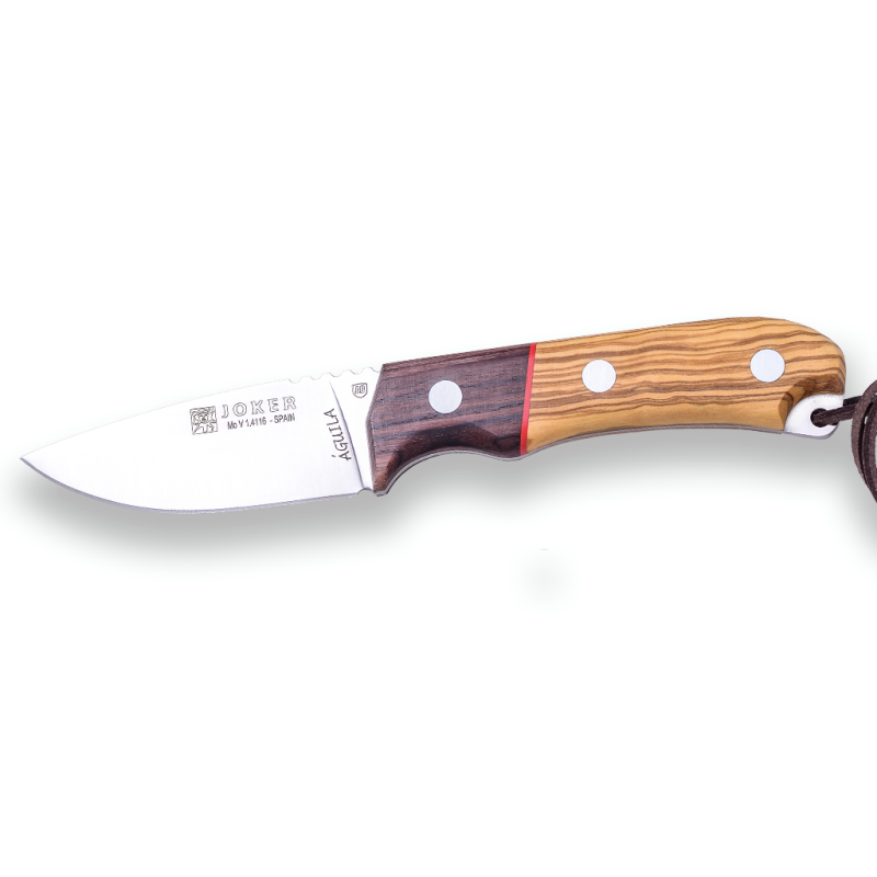 OLIVE WOOD HANDLE, ROSEWOOD BOLSTER, 8,5 CM STAINLESS STEEL BLADE, JOKER AGUILA HUNTING KNIFE LEATHER SHEATH INCLUDED