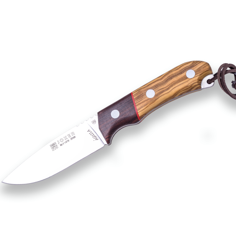 COUTEAU DE CHASSE EAGLE JOKER , AVEC MANCHE EN BOIS D’OLIVIER, VIROLE PALO SANTO ET LAME DE 10,5 CM. COMPREND UN ÉTUI EN CUIR.