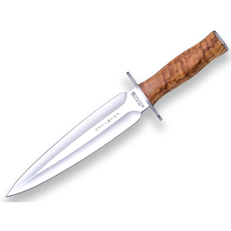 FANG JOKER MESSER MIT OLIVENHOLZMANSCHETTE UND 21,5 CM ZWEISCHNEIDIGER KLINGE MIT LEDERSCHEIDE