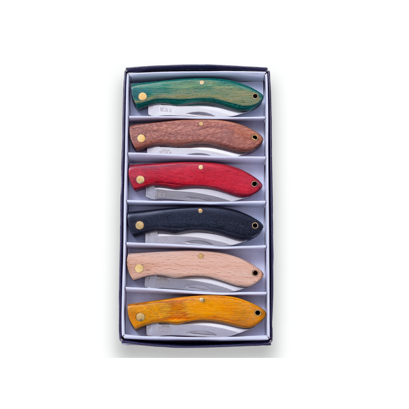 KIT DI COLTELLI TASCABILI DA 6 PEZZI, LAMA DA 6 CM E GUANCETTE IN LEGNO DI VARI COLORI.