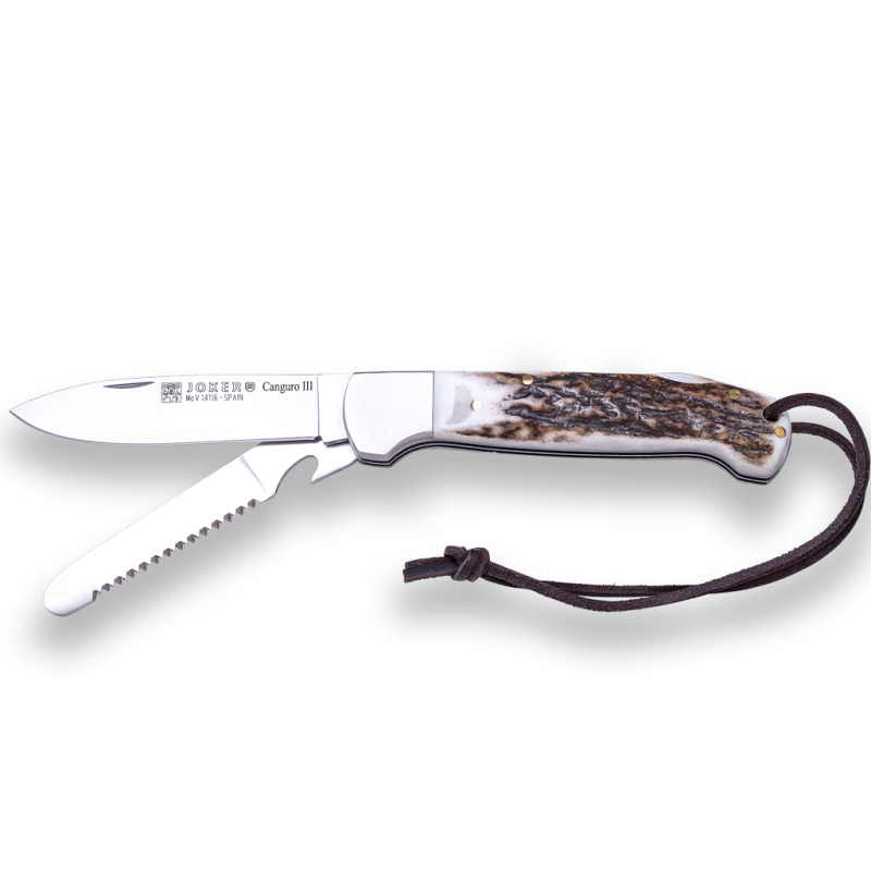 KANGAROO III JOKER COLTELLO MULTIUSO, LAMA IN ACCIAIO MOVA, SEGA E SCUOIATORE, SCAGLIE DI CORNO DI CERVO, GHIERA IN ACCIAIO INOS