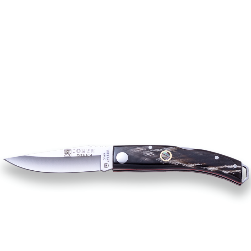 BUFFALO HORN SCALES WITH EMBEDDED MOSAIC MOTHER-OF-PEAR 7,5 CM BLADE LENGTH, JOKER IBERICA FOLDING KNIFE