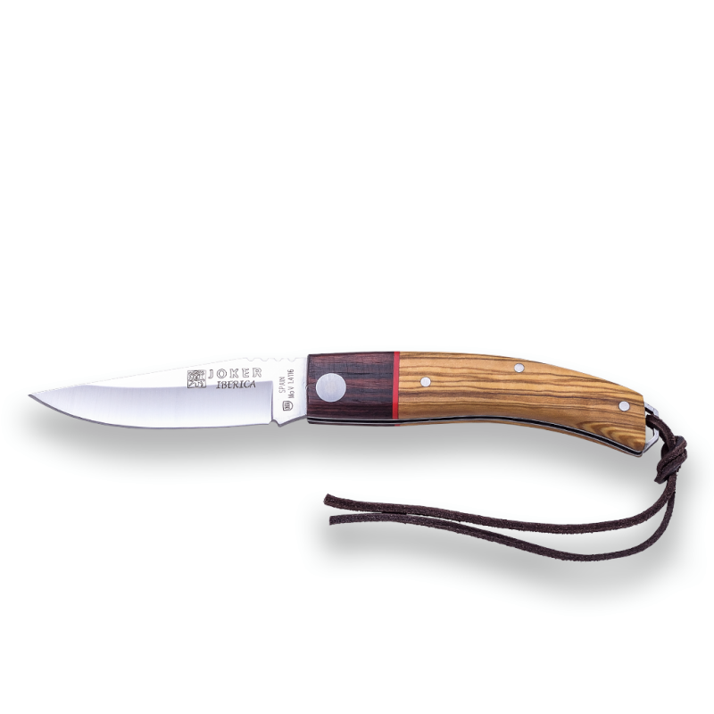 COUTEAU DE POCHE DE SPORT IBÉRIQUE JOKER , PISTON, ÉCAILLES EN BOIS D’OLIVIER, VIROLE EN PALISSANDRE, ACIER INOXYDABLE MOVA 1.41
