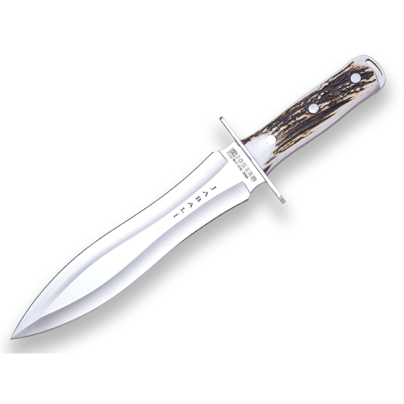 CUCHILLO DE REMATE JOKER JABALÍ, PUÑO EN ASTA CIERVO Y HOJA DE DOBLE FILO DE 25 CM. ACERO MOVA 1.4116. FUNDA VAQUETILLA.