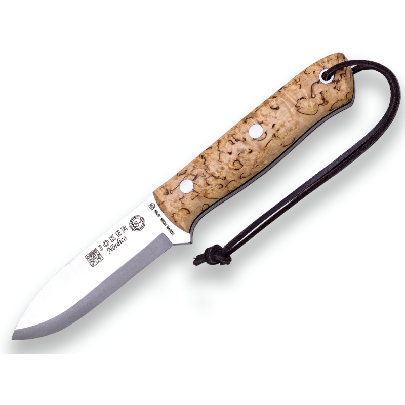 COLTELLO BUSHCRAFT E JOKER DI SOPRAVVIVENZA BS9 NORDIC. SANDVIK 14C28N ACCIAIO, MANICO IN BETULLA RICCIA, LAMA DA 10 CM CON CUST