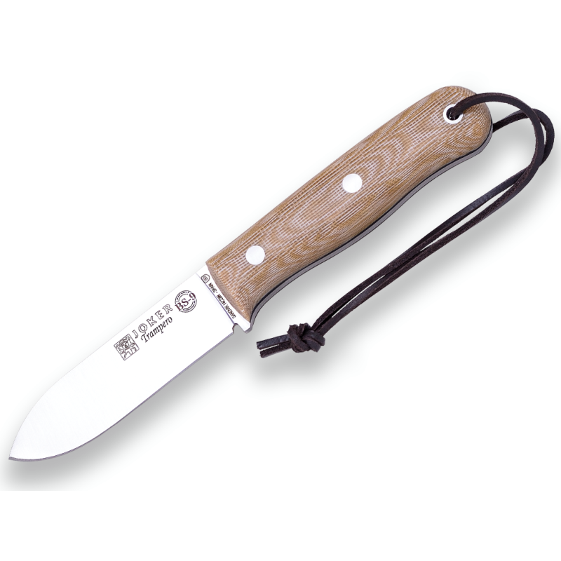 COLTELLO BUSHCRAFT & CACCIA JOKER BS9 TRAPPER. SANDVIK 14C28N IN ACCIAIO, MANICO IN TELA MICARTA, LAMA DA 10 CM CON RIVESTIMENTO