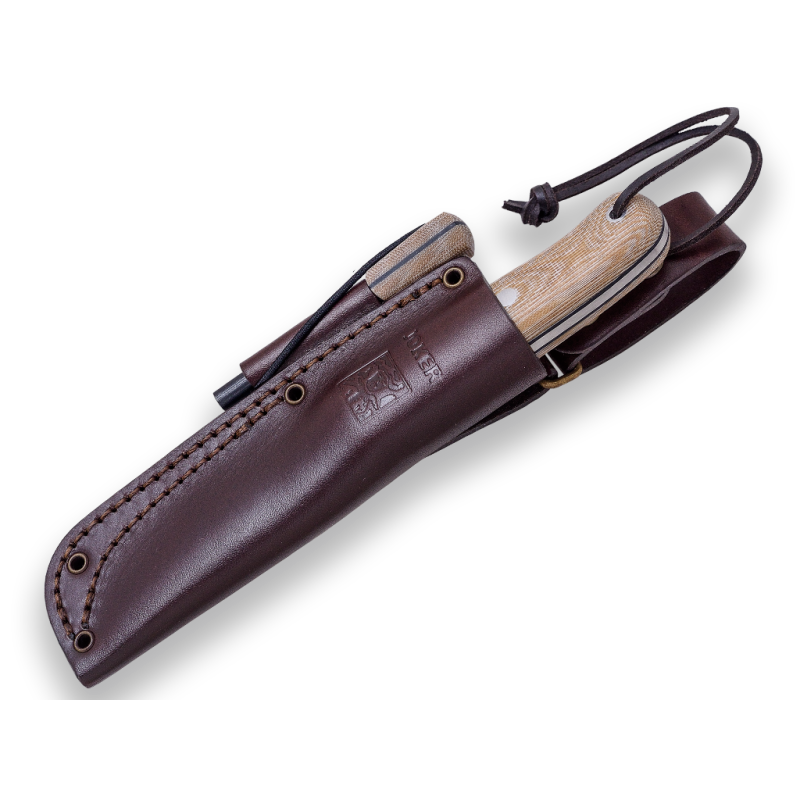 MESSER BUSHCRAFT & JAGD JOKER BS9 TRAPPER. SANDVIK 14C28N STAHL, GRIFF AUS NUSSBAUMHOLZ, KLINGE 10 CM. RINDSLEDERBEZUG MIT EISEN