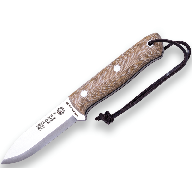 BUSHCRAFT KNIFE & SOBREVIVÊNCIA JOKER BS9 NORDIC. AÇO SANDVIK 14C28N, CABO DE LONA MICARTA, LÂMINA DE 10 CM COM TAMPA DE COURO D