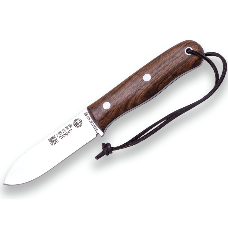 SURVIVAL AND BUSHCRAFT KNIFE JOKER BS9 TRAMPERO STAINLESS STEEL SANDVIK 14C28N, WALNUT WOOD HANDLE, BLADE LENGTH 10 CM LEATHER