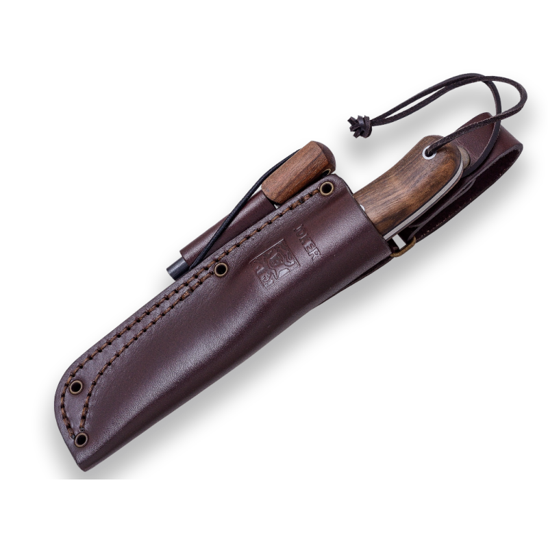 CUCHILLO BUSHCRAFT Y CAZA JOKER BS9 TRAMPERO. ACERO SANDVIK 14C28N, MANGO MADERA DE NOGAL, HOJA 10 CM. CON FUNDA VAQUETILLA Y FE