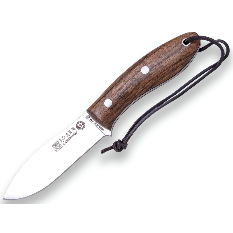 CUCHILLO BUSHCRAFT Y CAZA JOKER BS9 CANADIENSE. ACERO SANDVIK 14C28N, MANGO DE NOGAL, HOJA 10,5 CM. CON FUNDA VAQUETILLA.