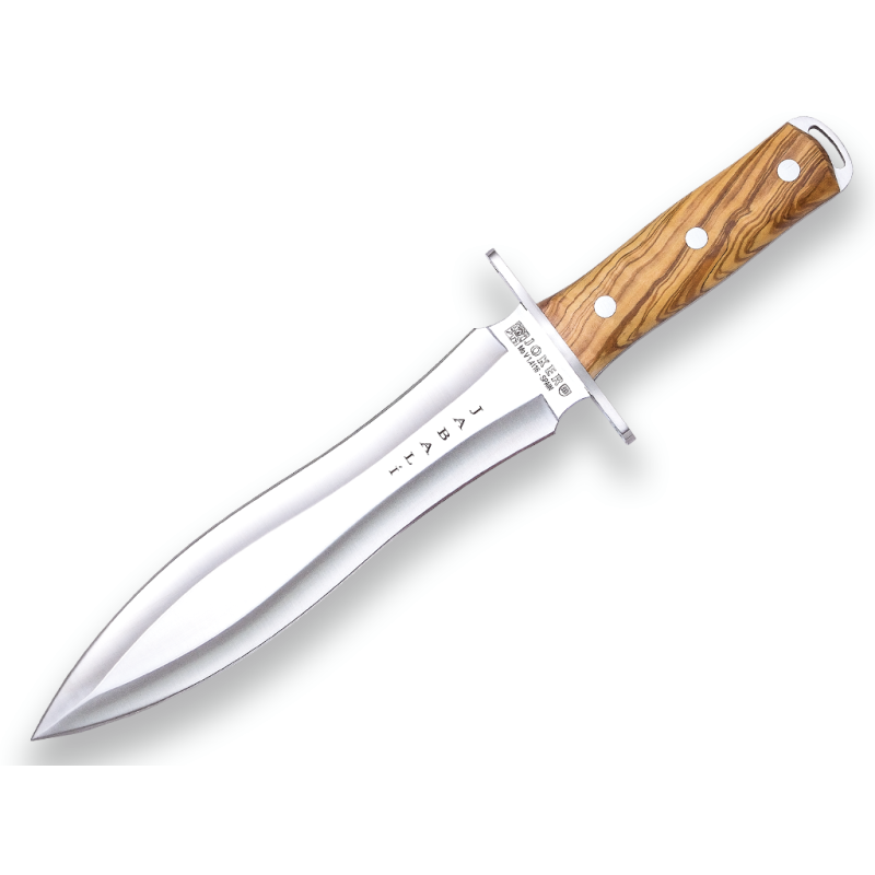 WILDSCHWEIN- JOKER FINISHING-MESSER, OLIVENHOLZGRIFF UND 25 CM ZWEISCHNEIDIGE KLINGE. MOVA 1.4116 STAHL. BEZUG AUS RINDSLEDER.