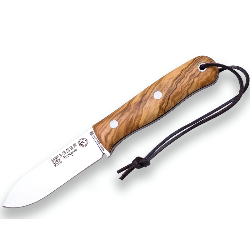 BUSHCRAFT MESSER UND SURVIVAL JOKER BS9 TRAPPER. SANDVIK 14C28N STAHL, GRIFF AUS OLIVENHOLZ, 10 CM KLINGE MIT GEHÄUSE AUS RINDSL