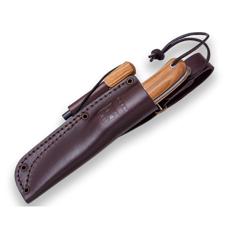 COLTELLO BUSHCRAFT & CACCIA JOKER BS9 TRAPPER. SANDVIK 14C28N IN ACCIAIO, MANICO IN LEGNO D'ULIVO, LAMA DA 10 CM CON CUOIO E COP